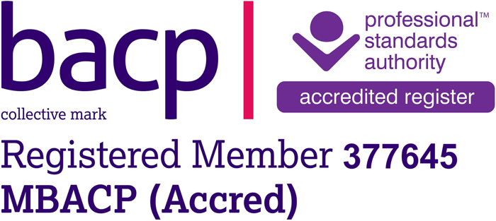 BACP Registered Member 377645, MBACP (Accredited) — BACP Collective Mark with the Professional Standards Authority Accredited Register mark